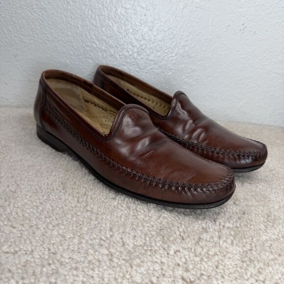 Santoni Loafers Brown Leather Dress Shoe Size 9 Slip On Moc Toe Whipstitch Italy - Picture 6 of 15